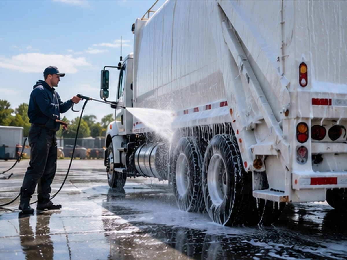 Commercial fleet washing of a refuse truck in Cleveland, TN