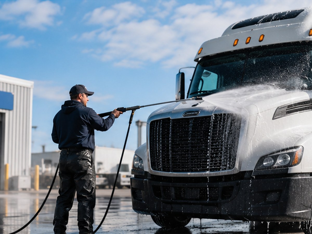 Technician pressure washing a semi truck on-site in Cleveland, TN